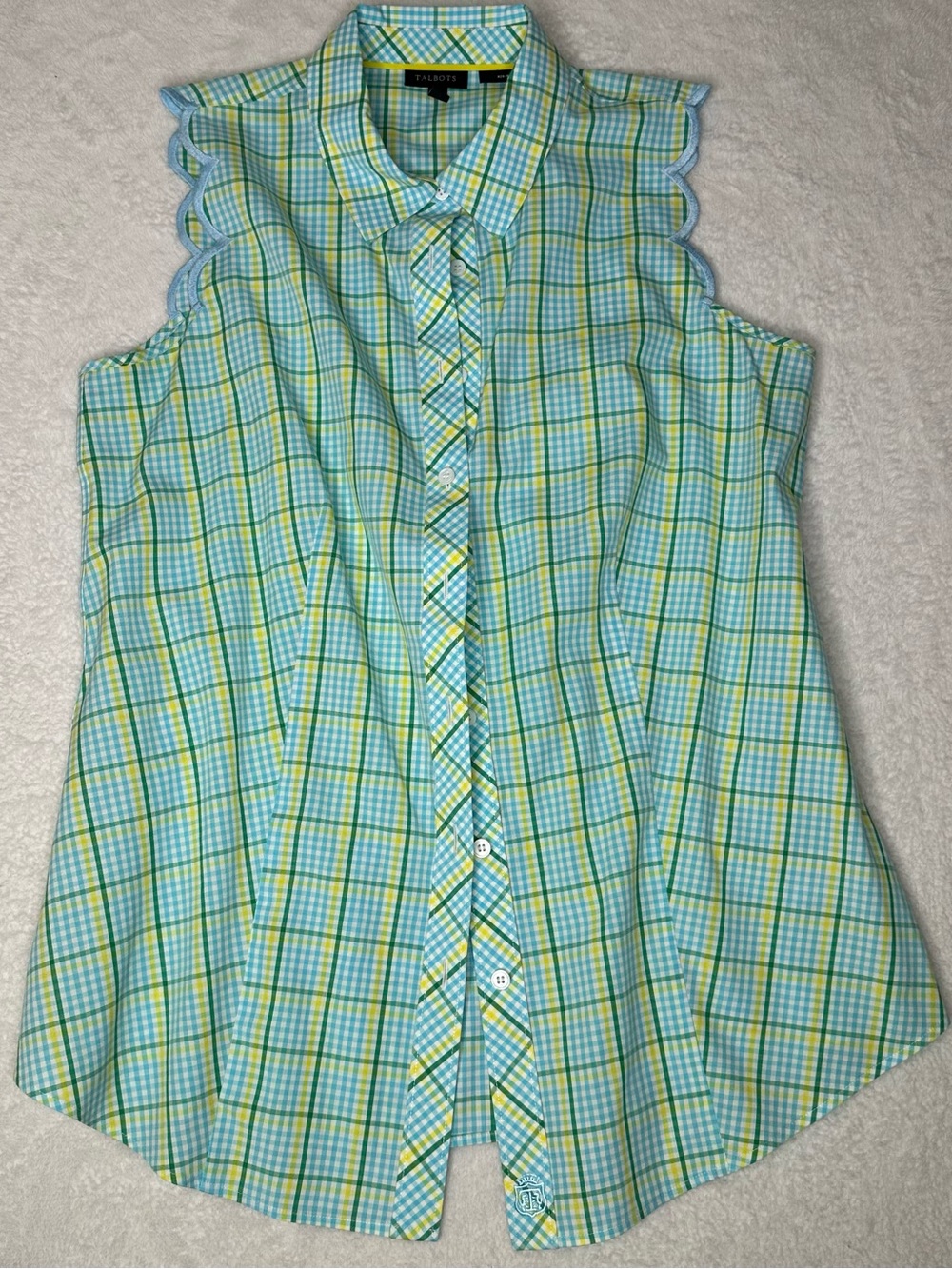 Talbots Aqua and Yellow Plaid Sleeveless Button-Down Top